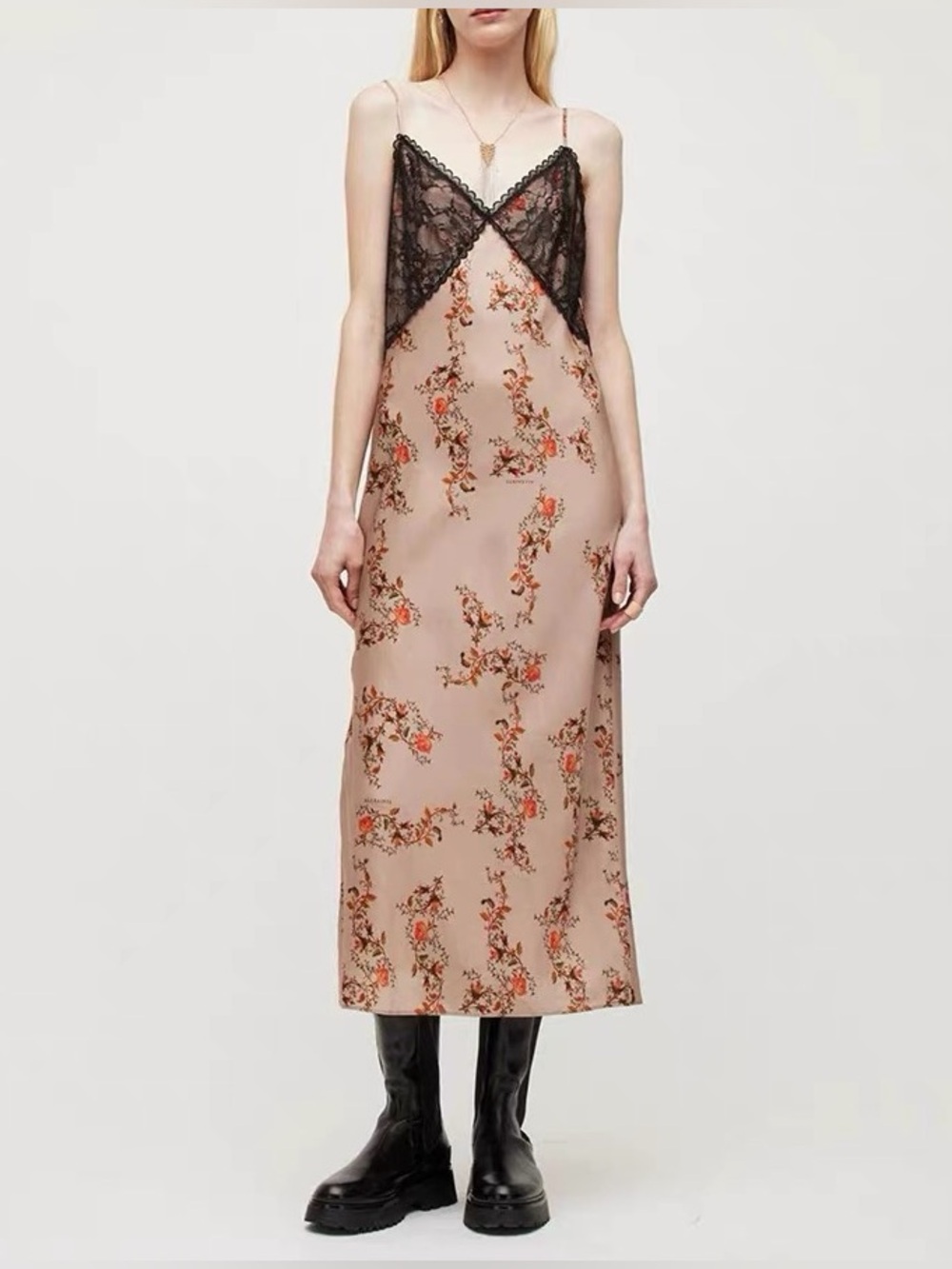 All Saints Immy Floral Slip Dress Floral Slip with Black Lace Trim, 4 6